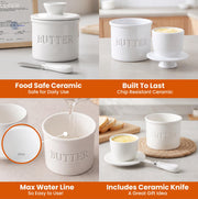 Priority Chef Ceramic Butter Crock with Lid and Knife, Regular Size, White