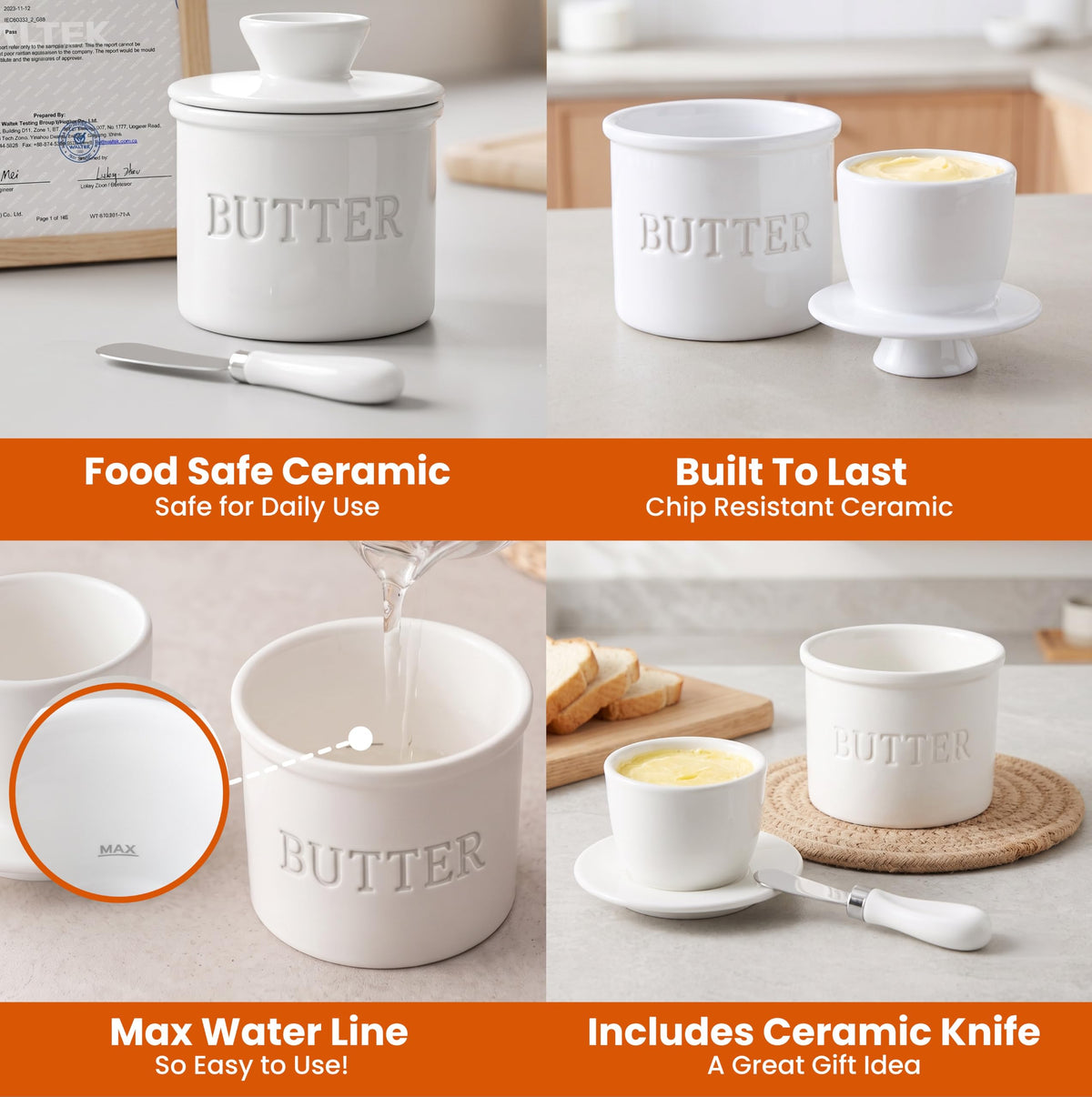 Priority Chef Ceramic Butter Crock with Lid and Knife, Regular Size, White