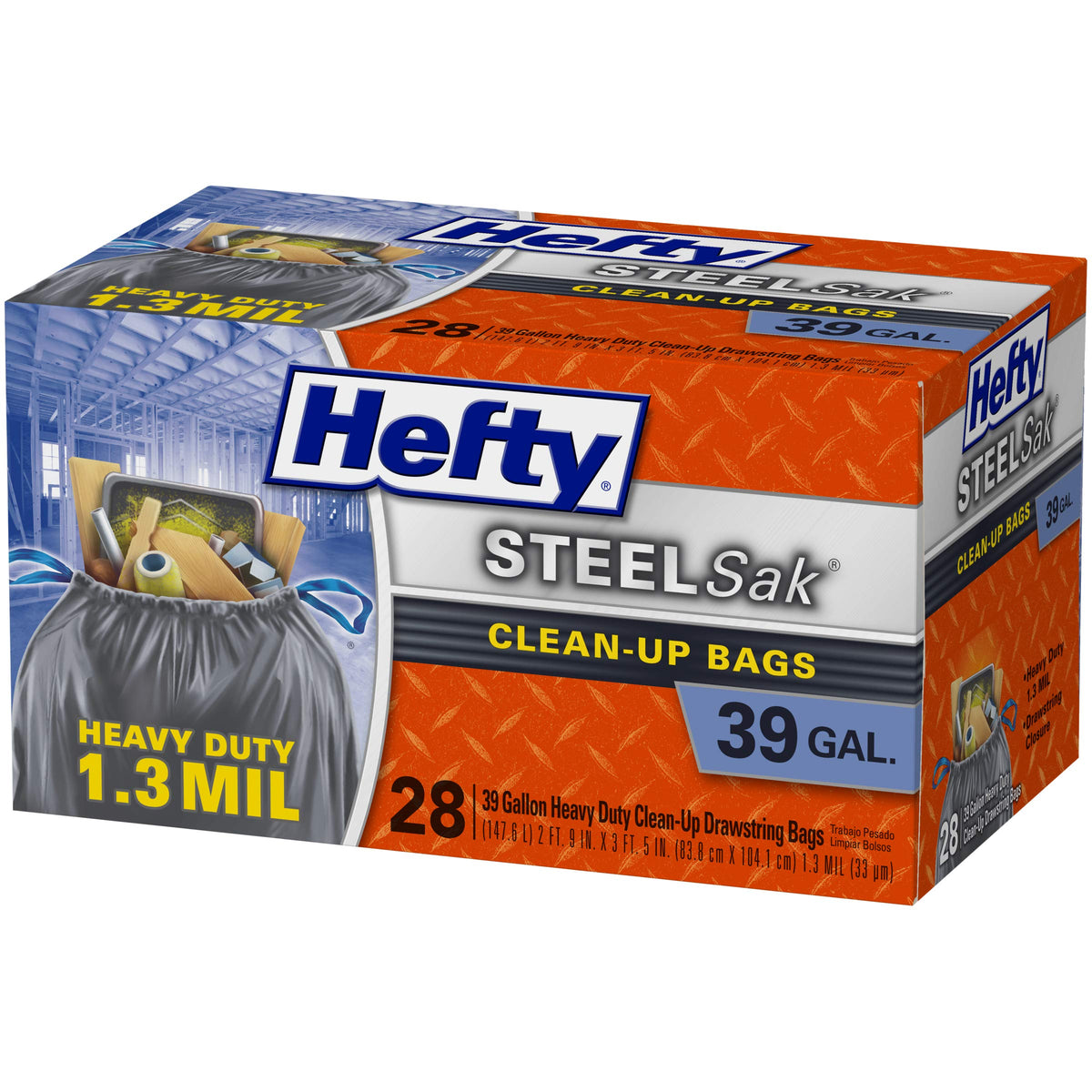 SteelSak Heavy Duty Large Clean-Up Trash Bags by Hefty – 28 Count (Pack of 1), 39.0 gallons, Steel, Black, Model E24530