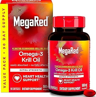 MegaRed Antarctic Krill Oil 500mg Omega 3 Fatty Acid Supplement, Extra Strength EPA & DHA Krill Oil Softgels (90cnt Box), Astaxanthin, Heart Health Supplement with No Fish Oil Aftertaste