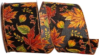 Reliant Ribbon Leaf Forest Glitter Outlines Wired Edge, Black/Orange, 2-1/2 Inch, 10 Yards