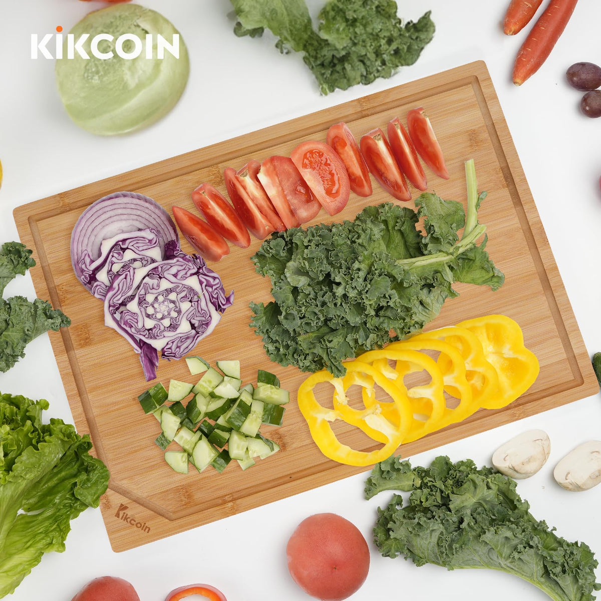 Kikcoin Bamboo Cutting Board, Reversible with Juice Groove, Natural 17 x 11 Inch