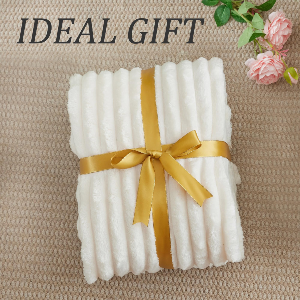 Bedelite Fleece Throw Blanket, Ribbed Texture, Cream Throw 50x60