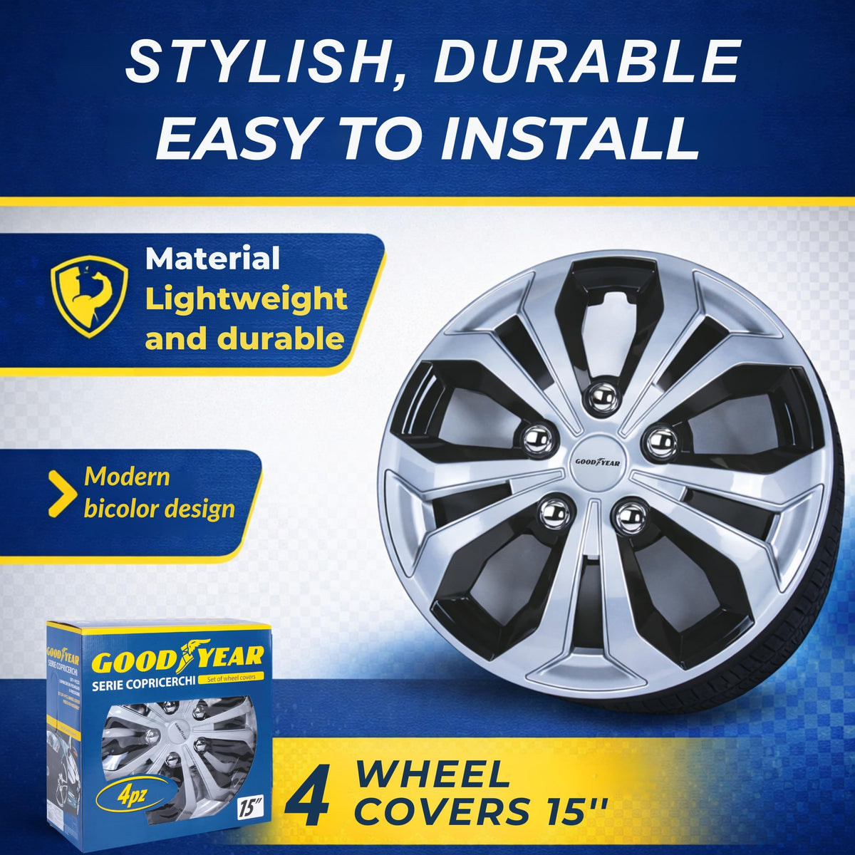 SR Acapulco 15" Bicolor Wheel Trims - Set of 4 - Universal Wheel Covers - Sporty Design - Easy Assembly by Goodyear – 15'', Bicolor, Pack of 4, Model 77276