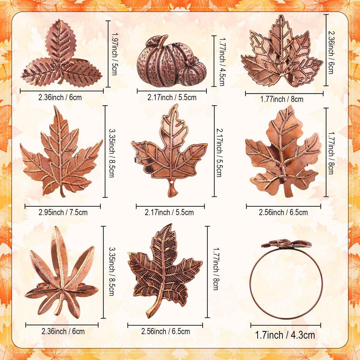 Remerry Napkin Rings, 8 Pack Leaf and Pumpkin, Bronze