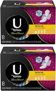 U by Kotex Clean Wear Pads Regular - 18 pads, Pack of 2