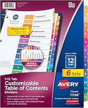 Avery 12 Tab Dividers for 3 Ring Binders, Customizable Table of Contents, Multicolor Tabs, 36 Sets (11196), Pack of 6