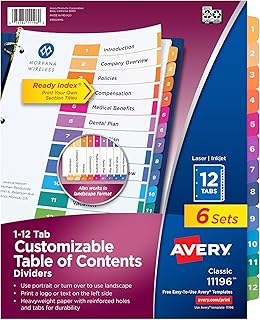 Avery 12 Tab Dividers for 3 Ring Binders, Customizable Table of Contents, Multicolor Tabs, 36 Sets (11196), Pack of 6