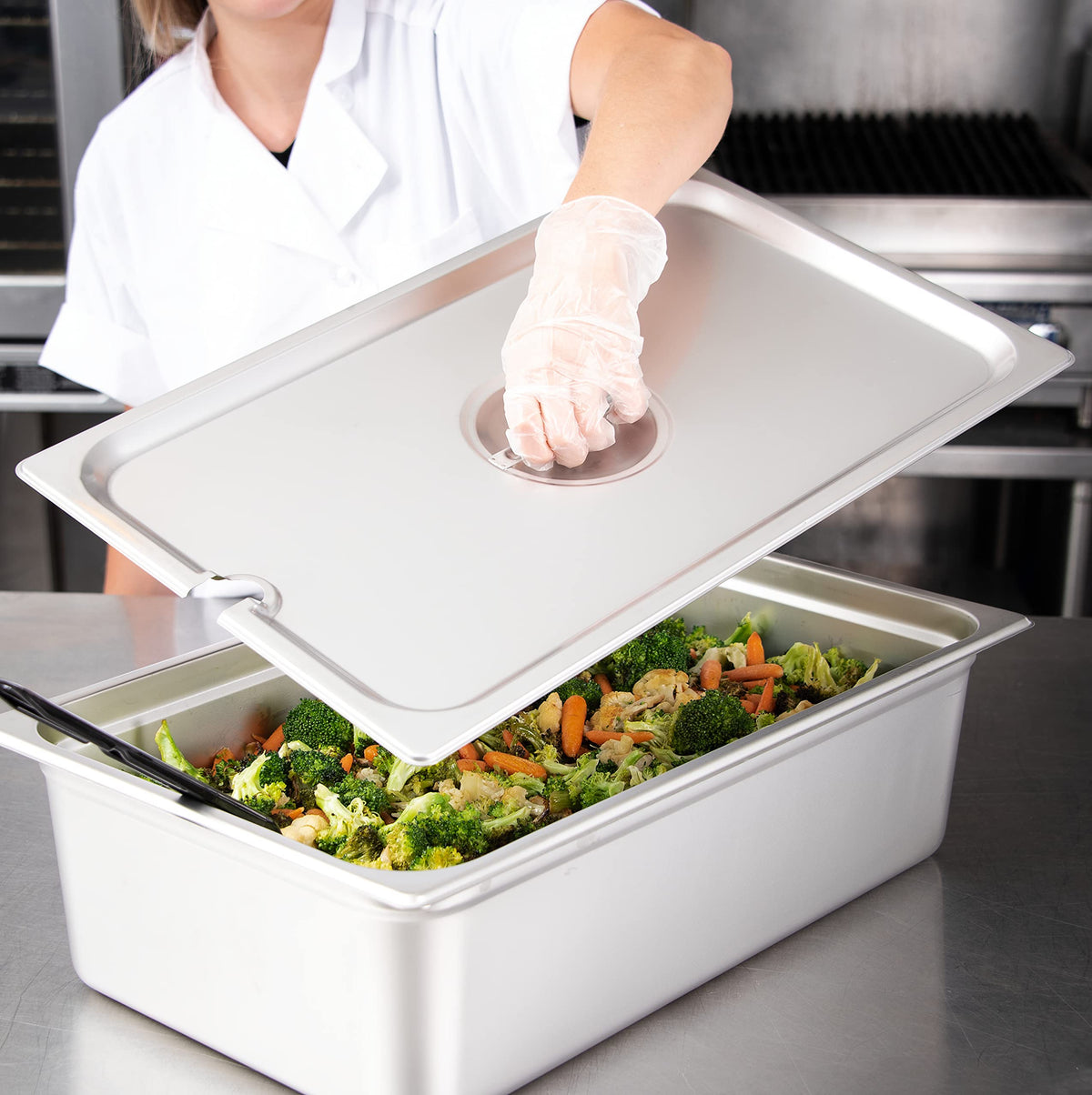 Full-Size Stainless Steel Hotel Pan Slotted Handled Cover by Carlisle FoodService Products – 20.75 x 12.75 x 1 Inches, 0.0 ounces, 18-8 Stainless, Silver, Model 607000CS