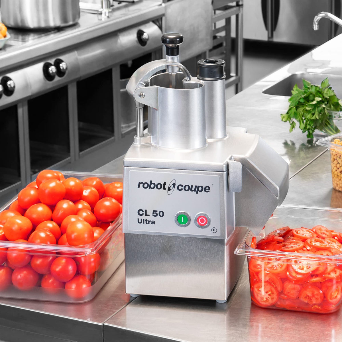 Single-Speed Cutter Mixer Continuous Feed Commercial Food Processor with Side Discharge by Robot Coupe – Stainless, Grey, Model CL50EULTRA