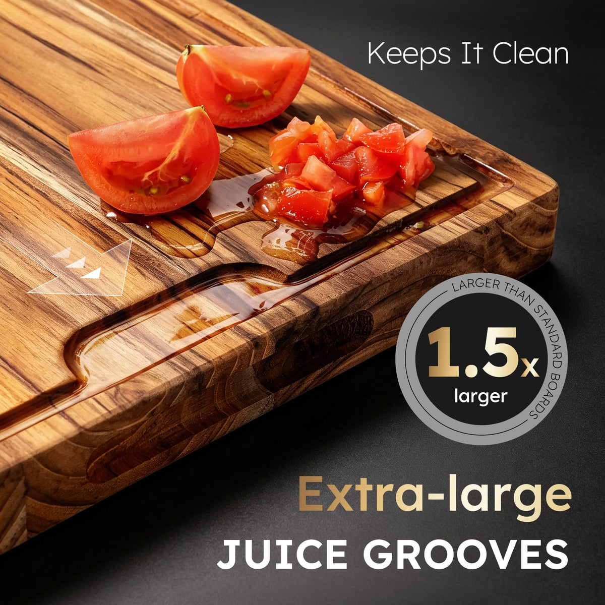 Nomsters Teak Cutting Board, 24 x 18 Inch with Juice Channel, Natural