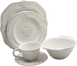 American Atelier Round Set – Stoneware Dinner Party Collection w/ 4 Dinner Plates, 4 Salad Plates, 4 Bowls, 4 Mugs & 4 Saucers – Unique Gift Idea for Any Special Occasion, White Updated, 20-Piece