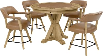 Steve Silver Furniture Rylie 6-Piece Round Counter Game Table Set, 48" Round Table Top w/ 4 Vegan Leather Counter Chairs, Folding Game Top, Felt Lined Storage Drawers, 48" L x 48" W x 36" H, Brown