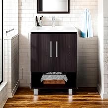 TUHOME Conrad Freestanding Bathroom Vanity with Sink, 23.6" W Engineered Wood Cabinet, Integrated Resin Sink, 2 Doors, 2 Shelves, Compact Black Small Vanity for Powder Rooms