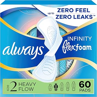 Always Infinity FlexFoam Pads for Women, Size 2, Heavy Pad with Wings, Unscented, Up to Zero Feel, Zero Leaks, 60 Count
