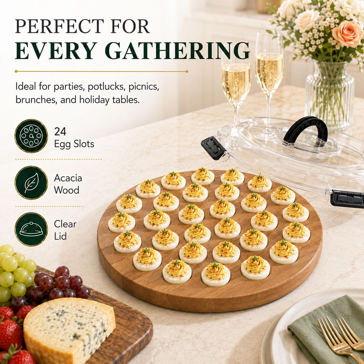 JNSTONGHM Deviled Egg Platter, Acacia Wood with Lid, 24 Slots