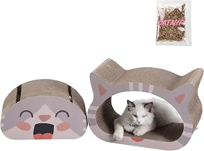 Opal 19" Modern Cardboard Happy Cat Head 2-in-1 Cat Cave Scratcher with Built-in Bell Toys and Catnip by THE LICKER STORE – 19", Cardboard, Muted Pink/Cream, Model CSR1000A