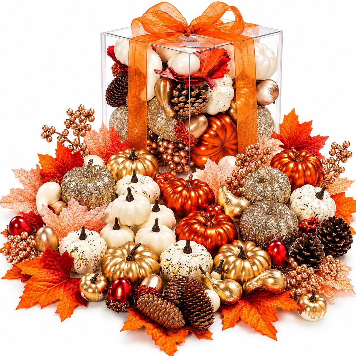 Keeplush Artificial Pumpkins Set, 52 Pieces, Gold Silver White