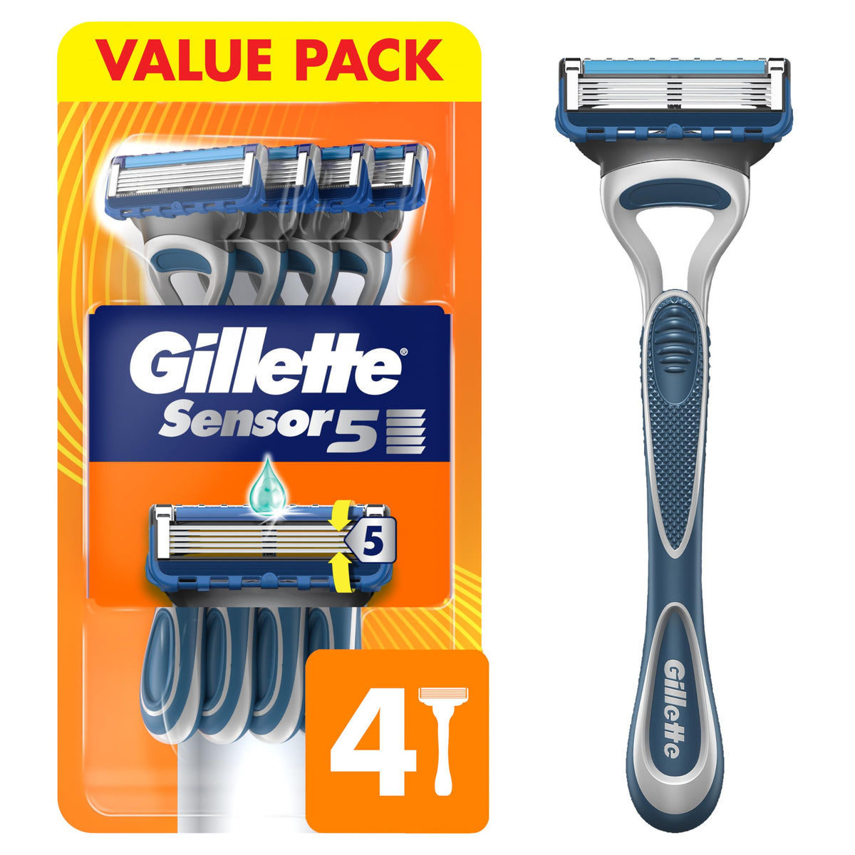 Sensor5 Men's Disposable Razors by Gillette – 4 Count (Pack of 1), Rubber, Blue