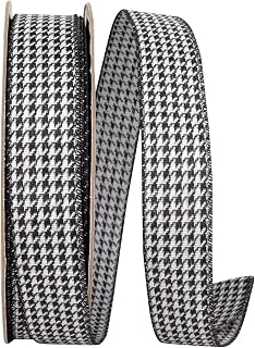 Reliant Ribbon Houndstooth Jacquard Wired Edge Ribbon, Black/White
