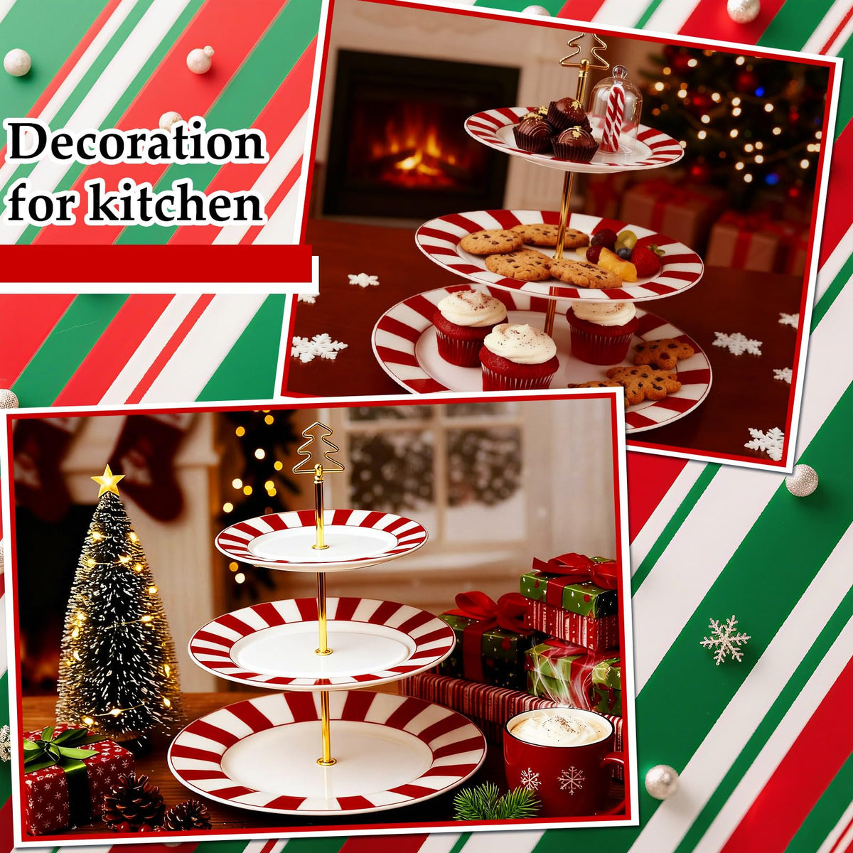 Lallisa 3 Tier Ceramic Cake Stand, 10 9 7 Inch Plates, Red and White