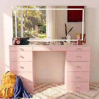 Elara Extra-Large Vanity Desk with LED Mirror – Complete Makeup Station with Integrated Power & Built-in Speakers