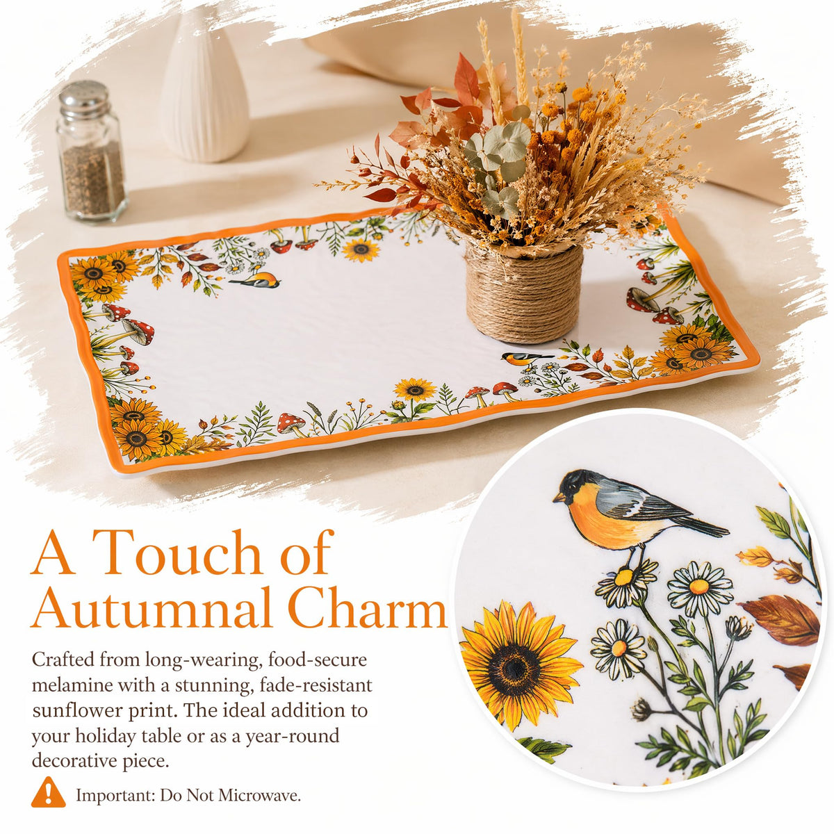 Lechoo Melamine Serving Trays, 14.5 Inch Rectangular, Sunflower Floral Set of 2