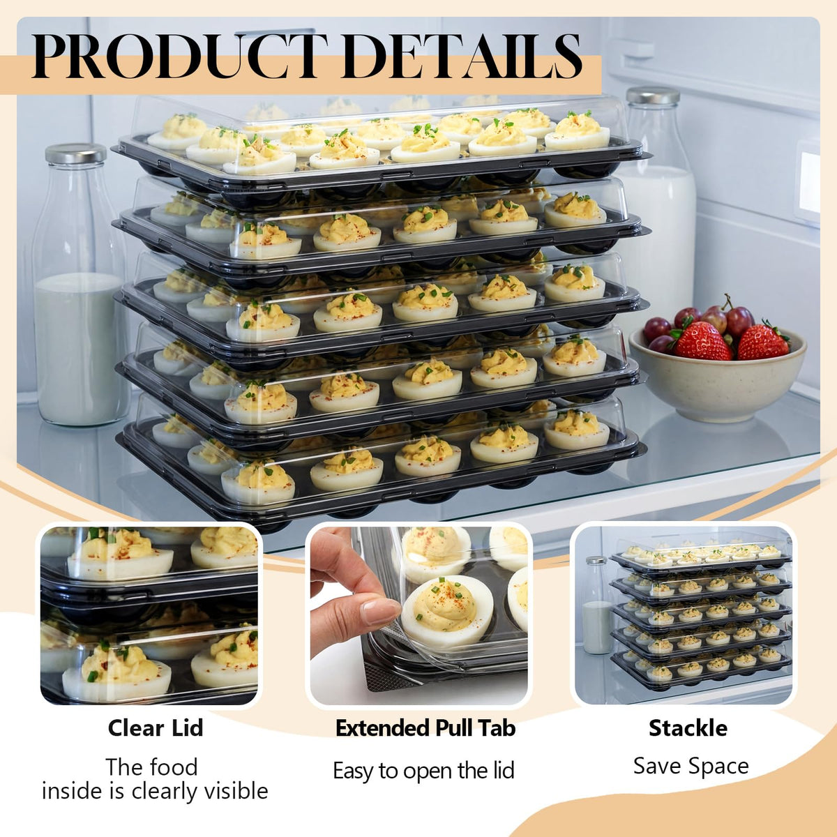 Shellwei Deviled Egg Tray Set, Holds 24 Eggs Each, Black and Clear, 5 Pack