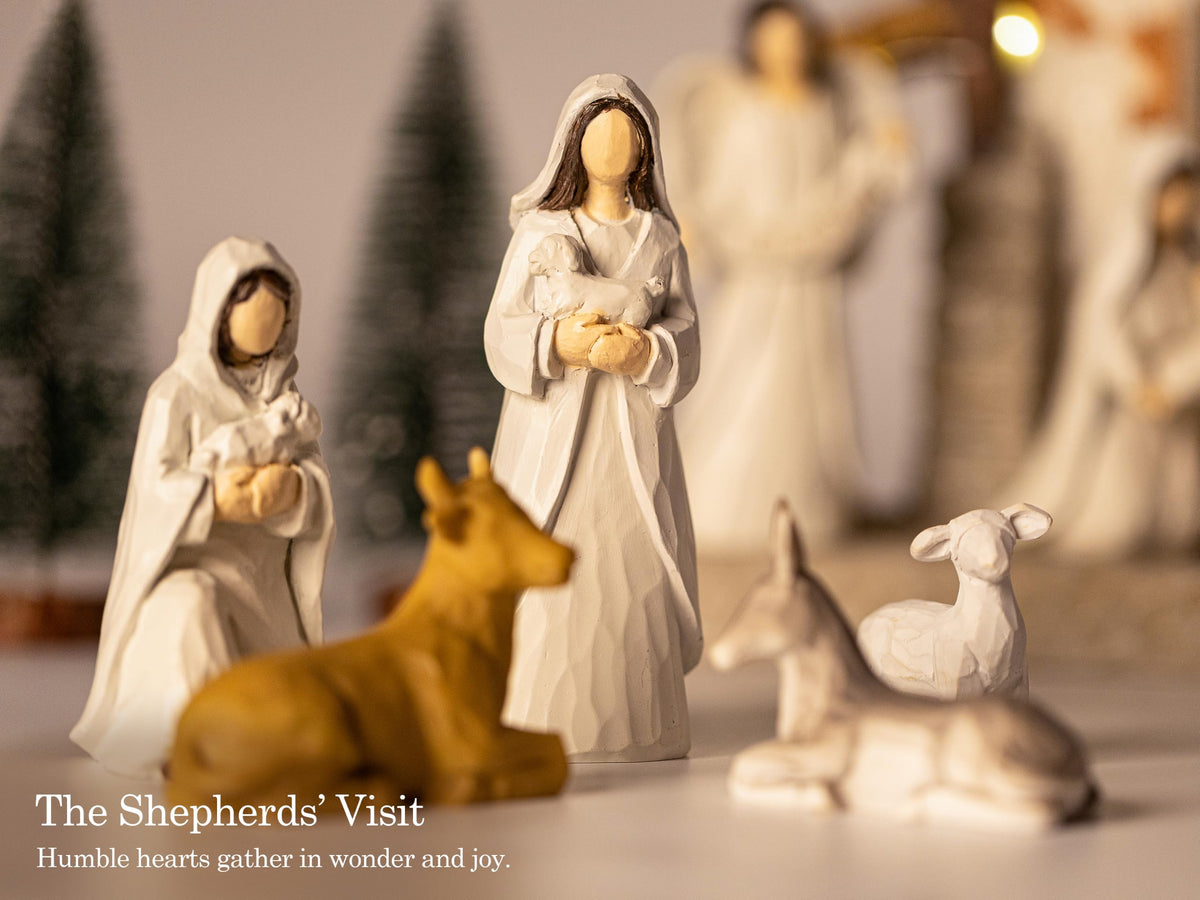 Gleemoria Nativity Scene Set, 17 Pieces with LED Stable, White