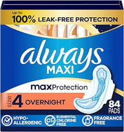 Always Maxi Overnight Pads with Wings for Women, Size 4, Overnight Absorbency, Unscented, 84 Count (3 Packs of 28)