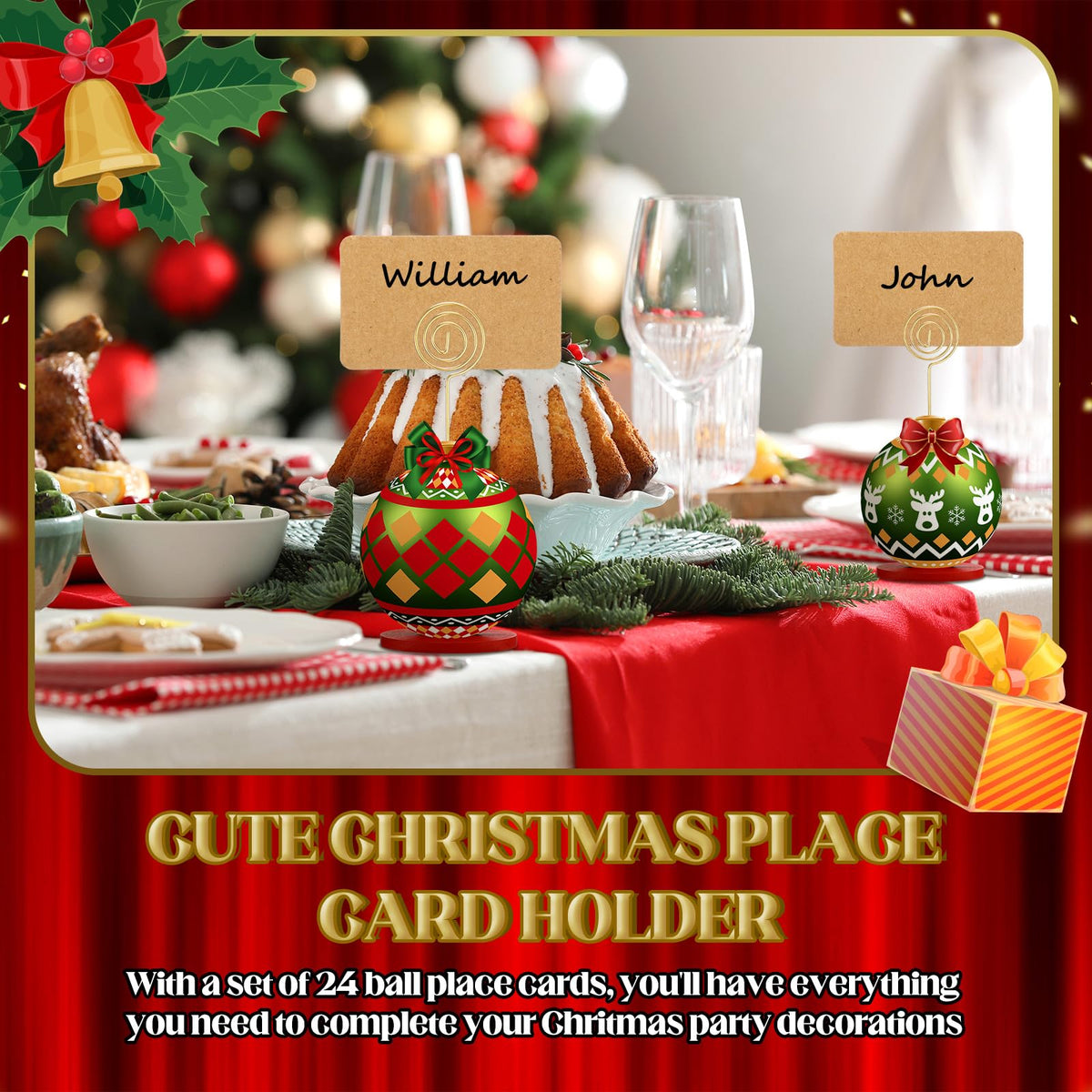 Yookeer Wood Place Card Holders, 24 Sets with Kraft Cards, Multicolor Christmas Designs
