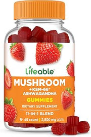 Lifeable Mushroom Gummies for Adults | 10 Mushroom Complex Blend with Ashwagandha KSM-66 | Vegan Kosher Non-GMO Mushroom Supplement Extract | Great Tasting Focus & Energy Support | 60 Gummies | Adaptogen blend traditionally used for immune support, natural energy and calm. Great tasting strawberry, 60 gummies, kosher.
