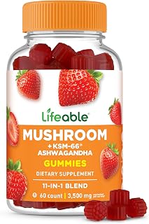 Lifeable Mushroom Gummies for Adults | 10 Mushroom Complex Blend with Ashwagandha KSM-66 | Vegan Kosher Non-GMO Mushroom Supplement Extract | Great Tasting Focus & Energy Support | 60 Gummies | Adaptogen blend traditionally used for immune support, natural energy and calm. Great tasting strawberry, 60 gummies, kosher.