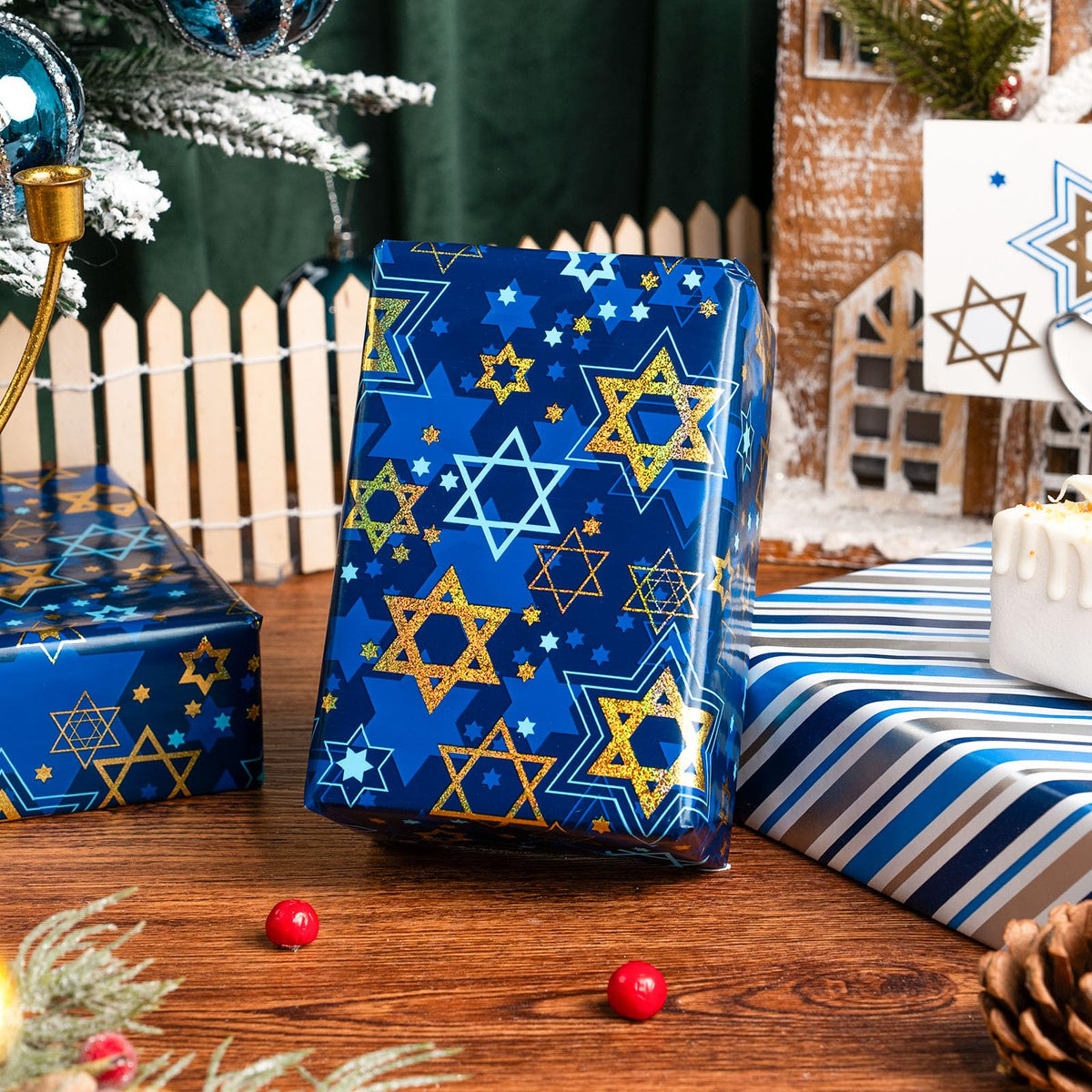 Maypluss Star of David Wrapping Paper, Metallic Foil Navy Blue, 17 Inch x 33 Feet