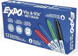EXPO Vis-a-Vis Wet Erase Markers, Fine Point, Assorted Colors, 12 Count