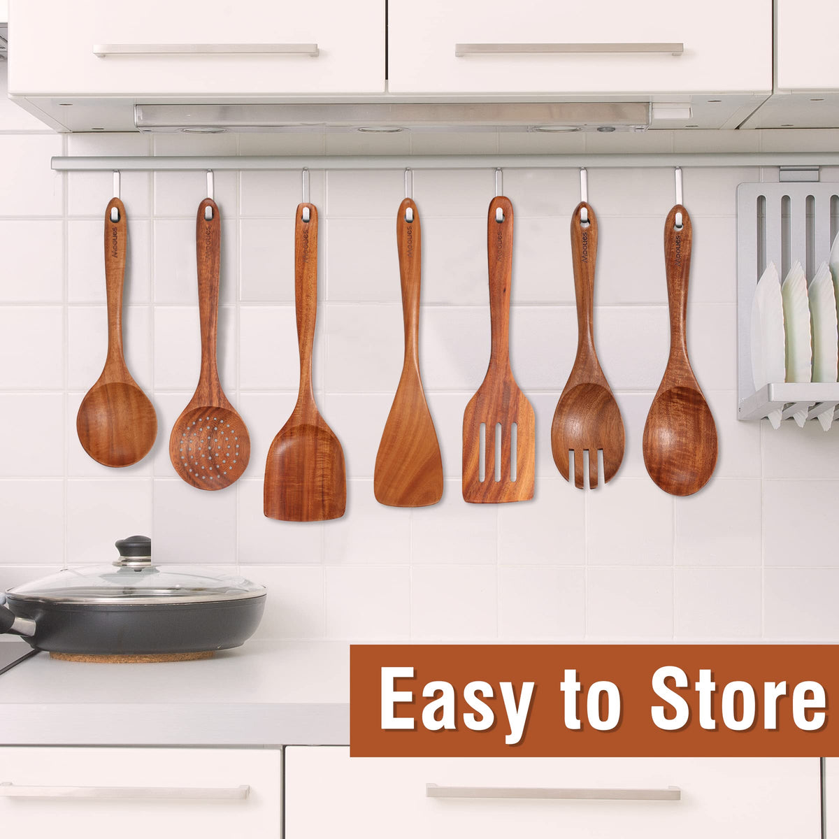 Mooues Teak Wooden Utensil Set, 9 Piece Natural Wood with Holder and Rest