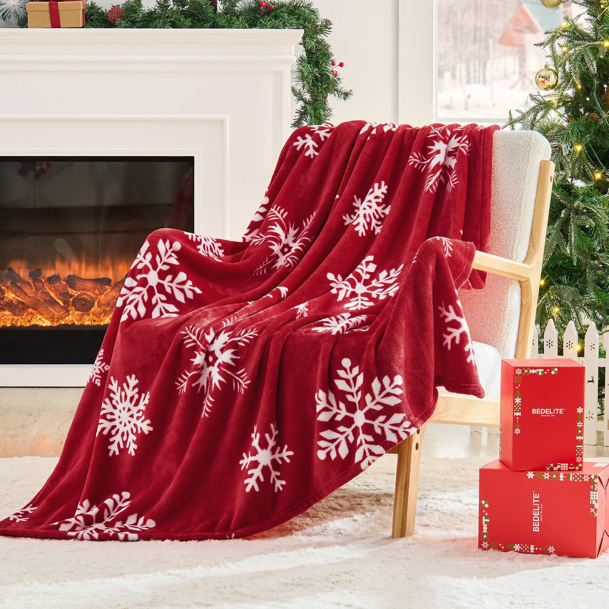 Bedelite Christmas Throw Blanket, Snowflake Pattern, Red, 50x60 Inches