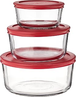 Anchor Hocking Classic Glass Food Storage Containers with Lids, Red, 6-Piece Set, Model Number: