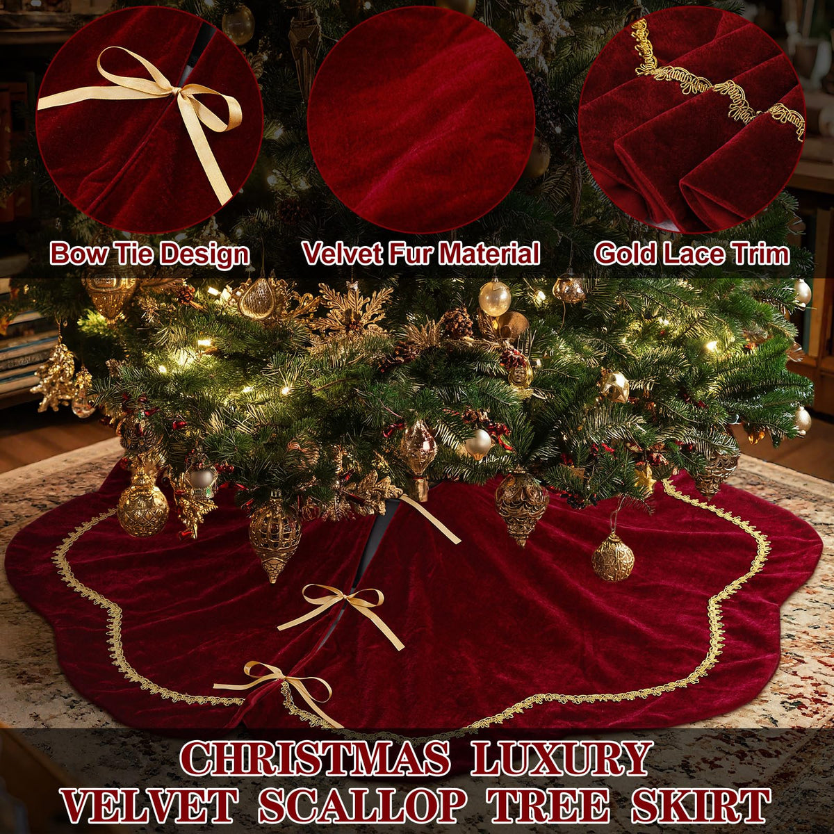 Arrowbash Velvet Tree Skirt, 48 Inch Diameter, Red with Scalloped Edge