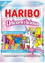 HARIBO Unicorn‑i‑licious Sweet Gummy Candy, 5 oz. Bag (Pack of 12) | Soft, chewy unicorn gummies in apple, blue raspberry, berry punch, banana, tangerine, and cotton candy flavors.