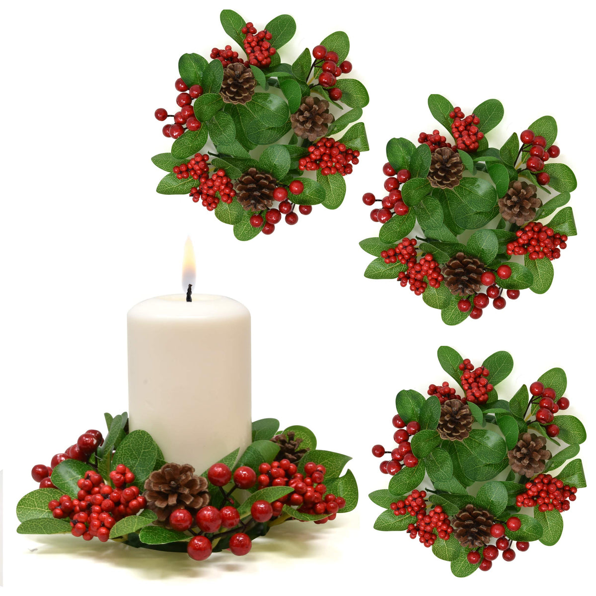 Gift Boutique Christmas Candle Ring, Pine Berry Set of 4, Red