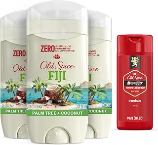 Old Spice Aluminum Free Deodorant for Men, 24/7 Long Lasting Freshness, 24/7 Sweat & Odor Protection, Fiji with Palm Tree Scent Deodorant with Travel-Size Swagger Scent Body Wash, 3 oz (Pack of 3)