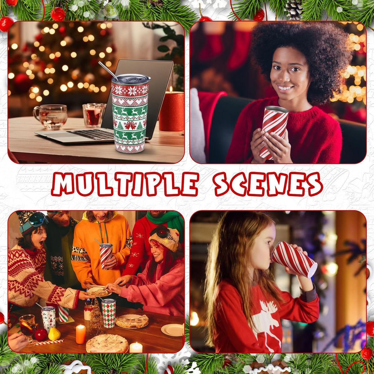 Lemosae Christmas Tumblers, 20oz Insulated Stainless Steel, Set of 12 Stripe Style