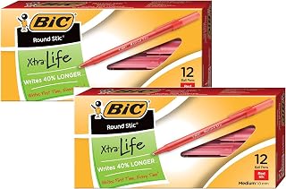 2 Pack of 12 BIC Round Stic Xtra Life Ball Pen, Red Medium Point (1.0 mm)