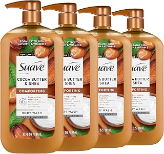 Suave Cocoa Butter + Shea Moisturizing Body Wash with Glycerin & Vitamin E, Hydrating Skin Cleanser For Soft, Smooth Skin, Long Lasting Scent, Paraben Free, 30 FL OZ Pump, 4 Count