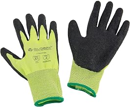 Global Industrial Crinkle Latex Coated Gloves, Medium, Hi-Viz Lime/Black, Lot of 12