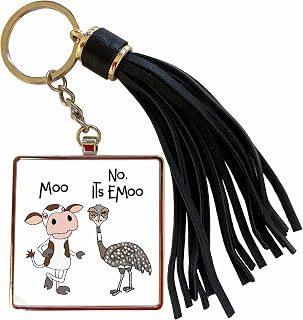3dRose Funny Cool Camera hog Emu Bird and Cow Moo and emoo Pun Cartoon Tassel Key Chain