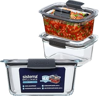 Sistema Brilliance Glass Meal Prep Containers 1.1 L, Pack of 3, 100% Leak-proof & Airtight, Microwave Vents for Splash-free Heating, Oven and Hot Air Fryer Safe Base