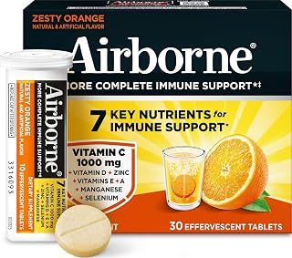 Airborne Immune Support Effervescent Tablets, Zesty Orange Flavor - 30ct with 1000mg Vitamin C + Vitamins A, D, E, Zinc, Selenium, Manganese & Herbal Blend - Sugar‑Free, Gluten‑Free