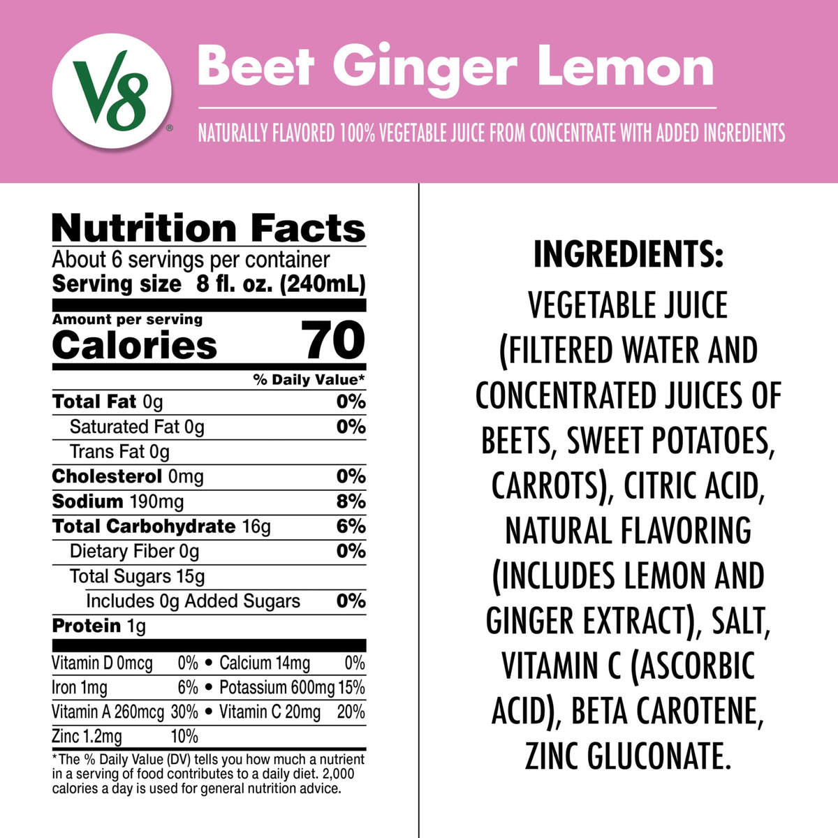 Beet Ginger Lemon 100% Vegetable Juice by V8 – 46 Fl Oz (Pack of 1), Beet Ginger Lemon, Model 200000028146